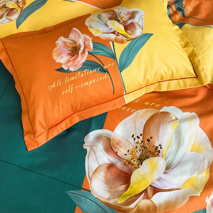 91家纺网 家纺一手货源 找家纺 金爱家 2023大版13372全棉花卉四件套独 家轻歌曼舞桔