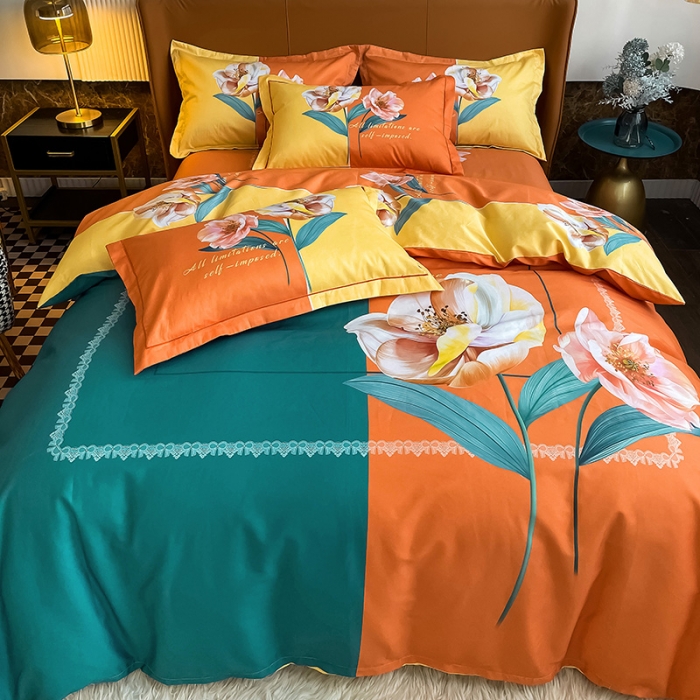 91家纺网 家纺一手货源 找家纺 金爱家 2023大版13372全棉花卉四件套独 家轻歌曼舞桔