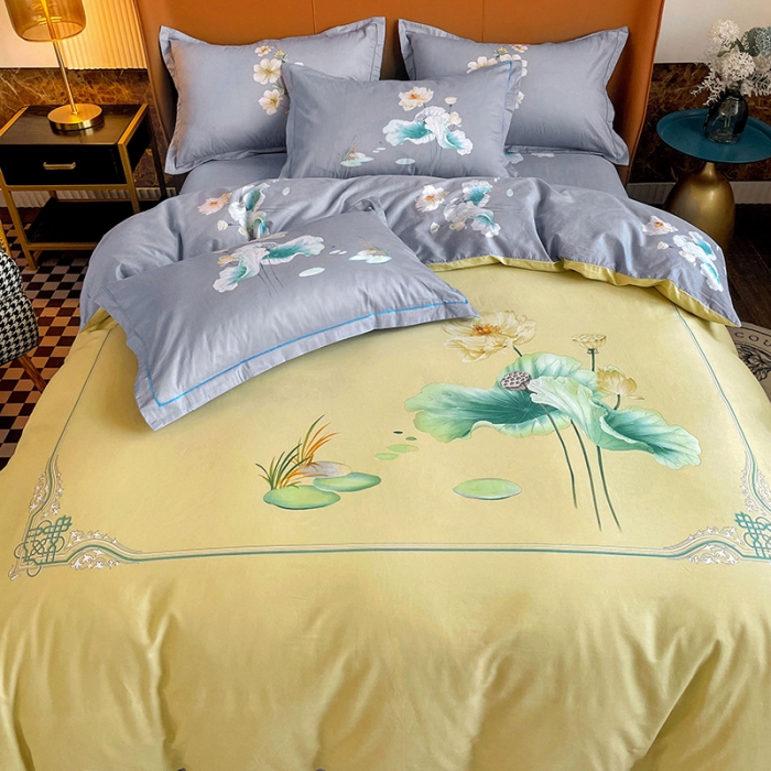 91家纺网 家纺一手货源 找家纺 金爱家 2023新款大版13372全棉花卉系列四件套 湖光春晓黄