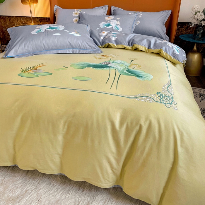 91家纺网 家纺一手货源 找家纺 金爱家 2023新款大版13372全棉花卉系列四件套 湖光春晓黄