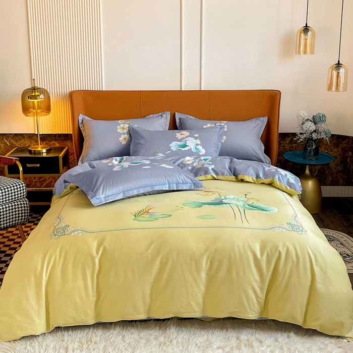 91家纺网 家纺一手货源 找家纺 金爱家 2023新款大版13372全棉花卉系列四件套 湖光春晓黄