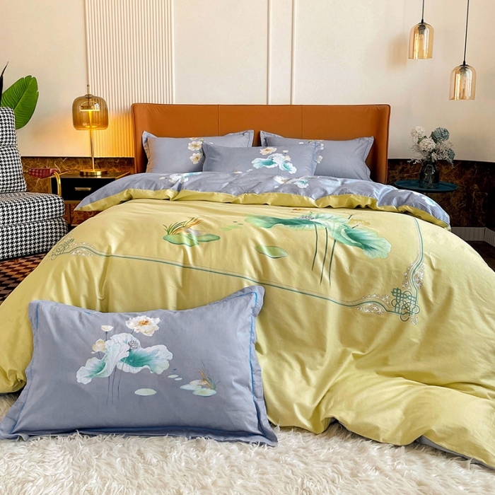 91家纺网 家纺一手货源 找家纺 金爱家 2023新款大版13372全棉花卉系列四件套 湖光春晓黄