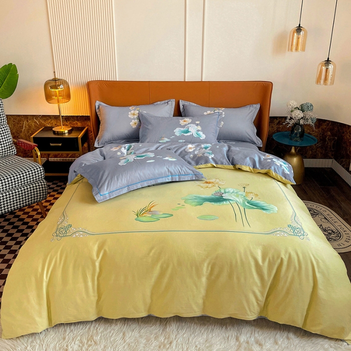 91家纺网 家纺一手货源 找家纺 金爱家 2023新款大版13372全棉花卉系列四件套 湖光春晓黄