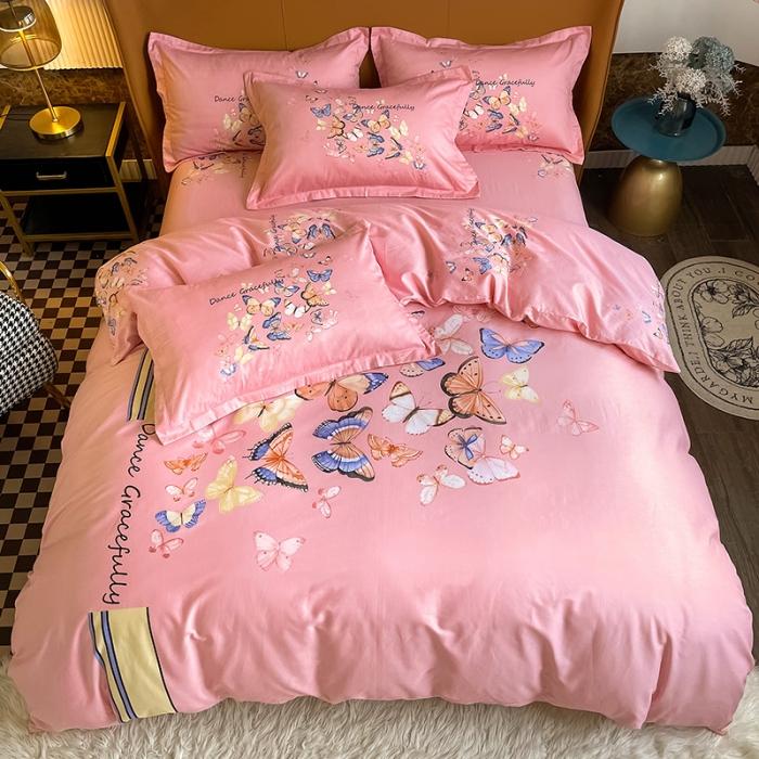 91家纺网 家纺一手货源 找家纺 金爱家 2023新款大版13372全棉花卉系列四件套 蝴蝶粉