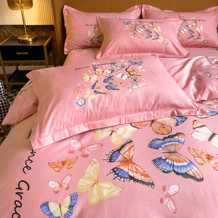 91家纺网 家纺一手货源 找家纺 金爱家 2023新款大版13372全棉花卉系列四件套 蝴蝶粉