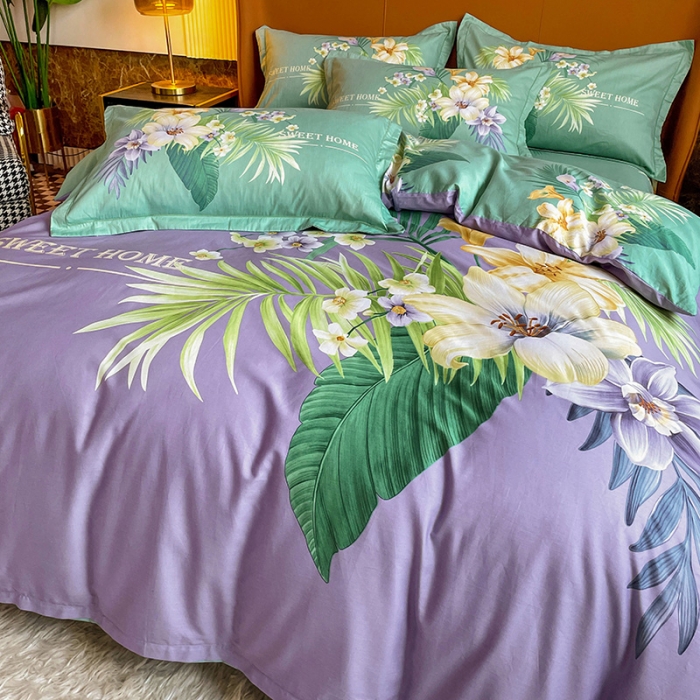 91家纺网 家纺一手货源 找家纺 金爱家 2023新款大版13372全棉花卉系列四件套 静怡紫