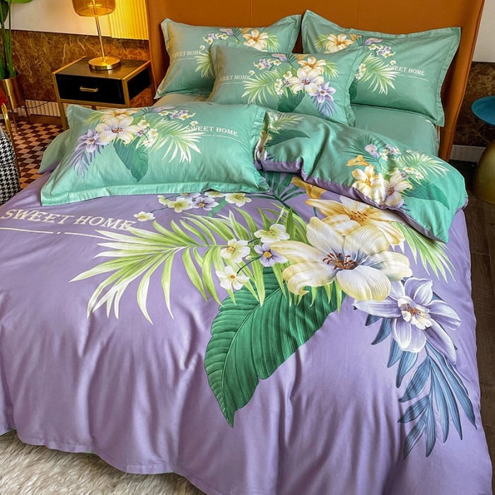 91家纺网 家纺一手货源 找家纺 金爱家 2023新款大版13372全棉花卉系列四件套 静怡紫