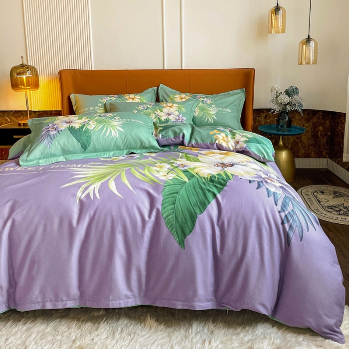 91家纺网 家纺一手货源 找家纺 金爱家 2023新款大版13372全棉花卉系列四件套 静怡紫