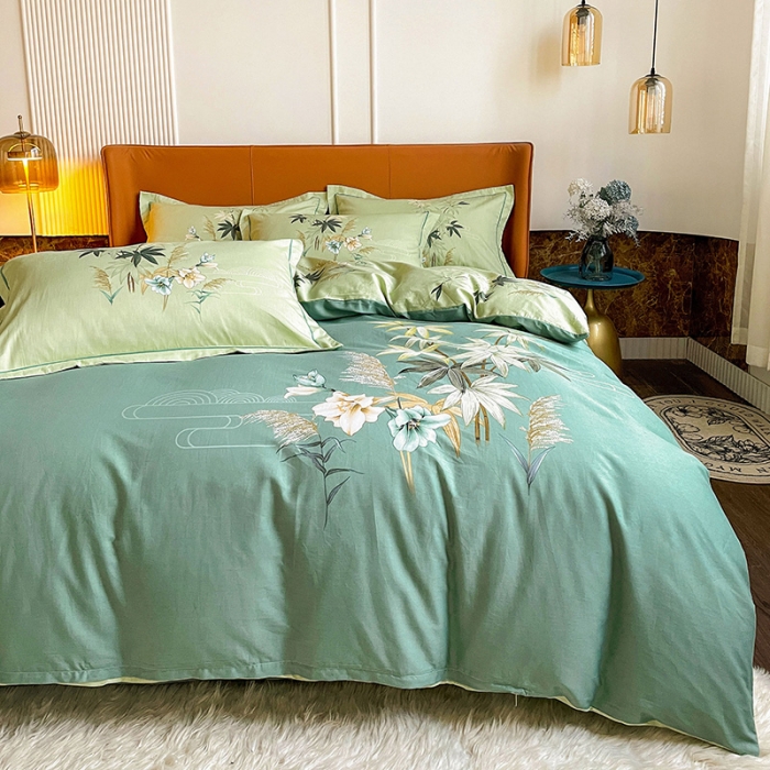 91家纺网 家纺一手货源 找家纺 金爱家 2023新款大版13372全棉花卉系列四件套 莱茵春色绿