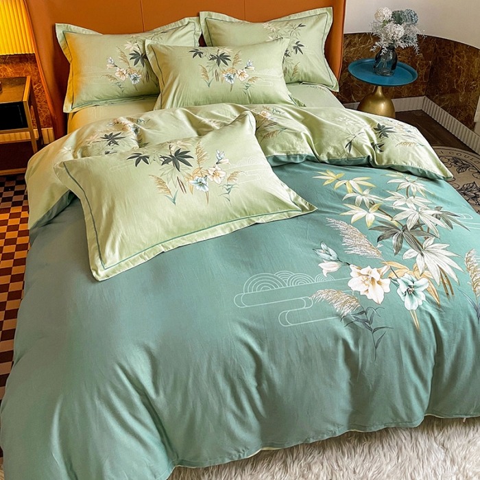 91家纺网 家纺一手货源 找家纺 金爱家 2023新款大版13372全棉花卉系列四件套 莱茵春色绿