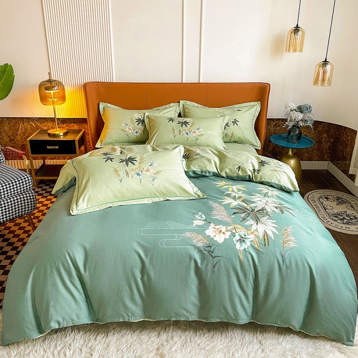 91家纺网 家纺一手货源 找家纺 金爱家 2023新款大版13372全棉花卉系列四件套 莱茵春色绿