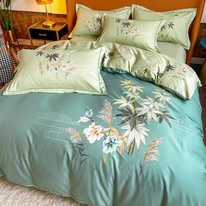 91家纺网 家纺一手货源 找家纺 金爱家 2023新款大版13372全棉花卉系列四件套 莱茵春色绿