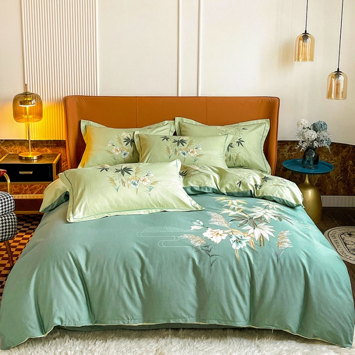 91家纺网 家纺一手货源 找家纺 金爱家 2023新款大版13372全棉花卉系列四件套 莱茵春色绿