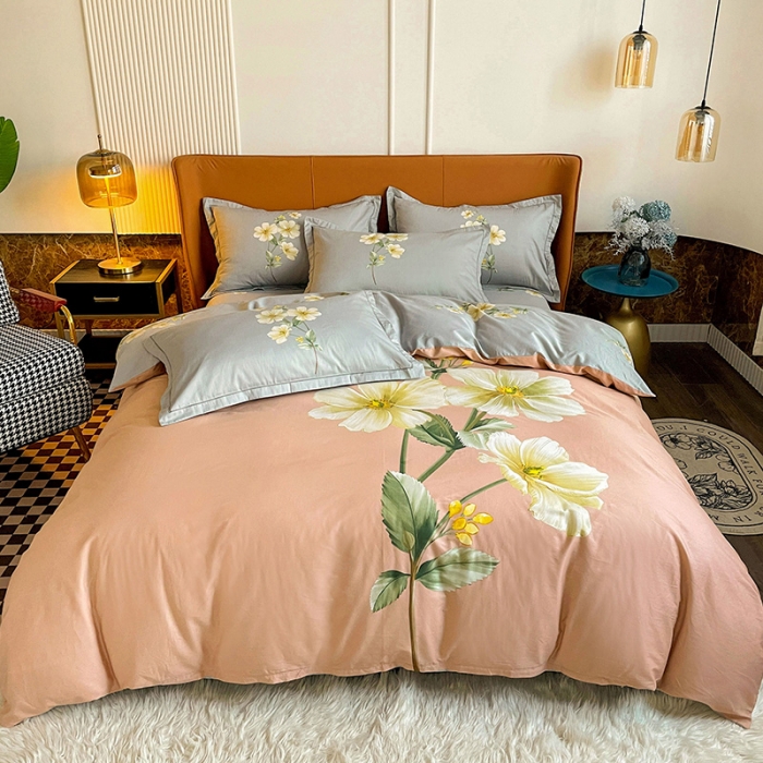 91家纺网 家纺一手货源 找家纺 金爱家 2023新款大版13372全棉花卉系列四件套 阡陌花影粉