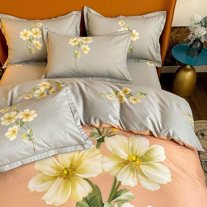 91家纺网 家纺一手货源 找家纺 金爱家 2023新款大版13372全棉花卉系列四件套 阡陌花影粉