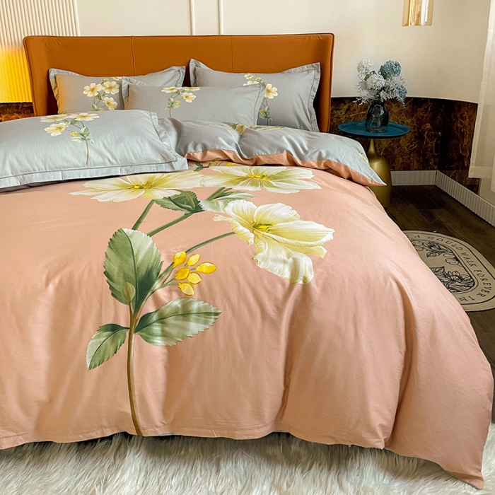 91家纺网 家纺一手货源 找家纺 金爱家 2023新款大版13372全棉花卉系列四件套 阡陌花影粉