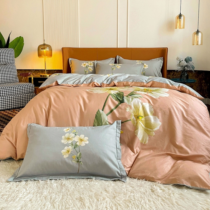 91家纺网 家纺一手货源 找家纺 金爱家 2023新款大版13372全棉花卉系列四件套 阡陌花影粉