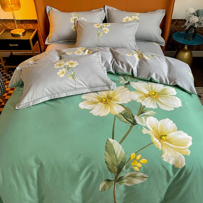 91家纺网 家纺一手货源 找家纺 金爱家 2023新款大版13372全棉花卉系列四件套 阡陌花影绿