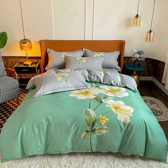 91家纺网 家纺一手货源 找家纺 金爱家 2023新款大版13372全棉花卉系列四件套 阡陌花影绿