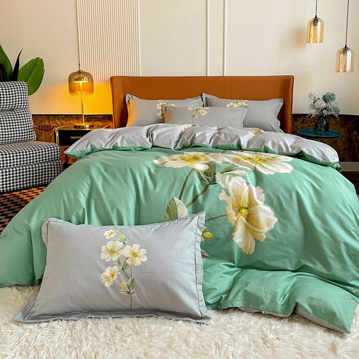 91家纺网 家纺一手货源 找家纺 金爱家 2023新款大版13372全棉花卉系列四件套 阡陌花影绿