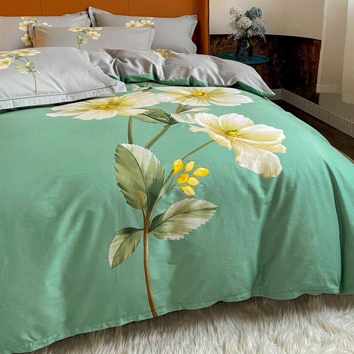 91家纺网 家纺一手货源 找家纺 金爱家 2023新款大版13372全棉花卉系列四件套 阡陌花影绿