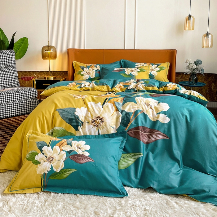 91家纺网 家纺一手货源 找家纺 金爱家 2023新款大版13372全棉花卉系列四件套 清风饮露