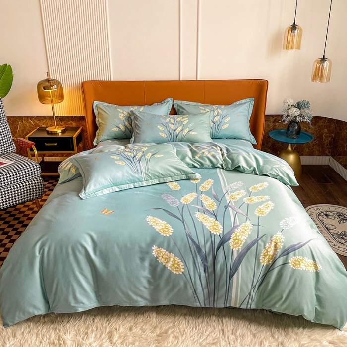 91家纺网 家纺一手货源 找家纺 金爱家 2023新款大版13372全棉花卉系列四件套 如歌绿