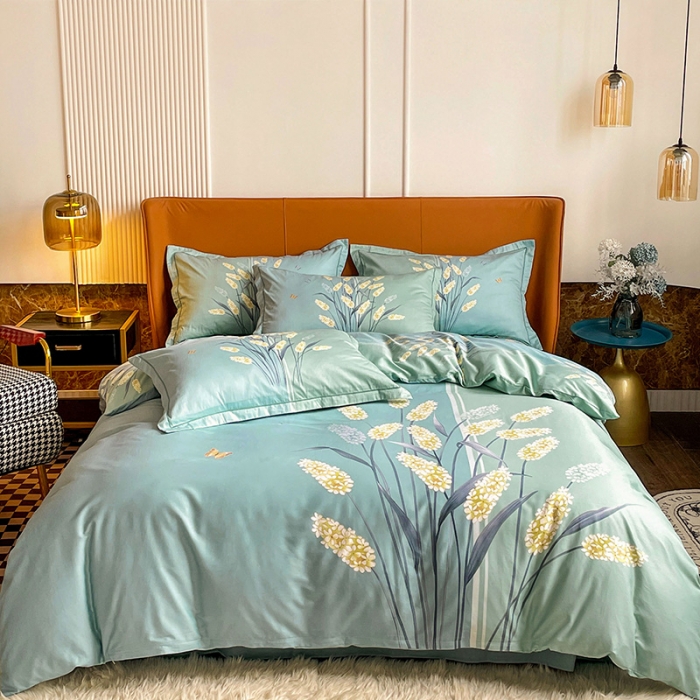 91家纺网 家纺一手货源 找家纺 金爱家 2023新款大版13372全棉花卉系列四件套 如歌绿