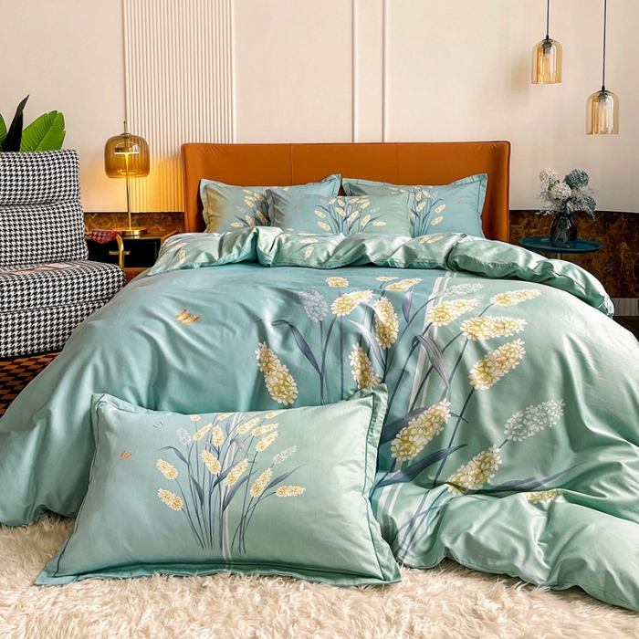 91家纺网 家纺一手货源 找家纺 金爱家 2023新款大版13372全棉花卉系列四件套 如歌绿