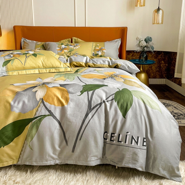 91家纺网 家纺一手货源 找家纺 金爱家 2023新款大版13372全棉花卉系列四件套 夏薇儿黄