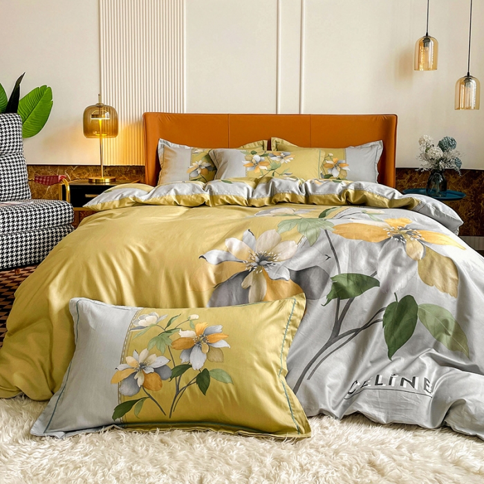 91家纺网 家纺一手货源 找家纺 金爱家 2023新款大版13372全棉花卉系列四件套 夏薇儿黄