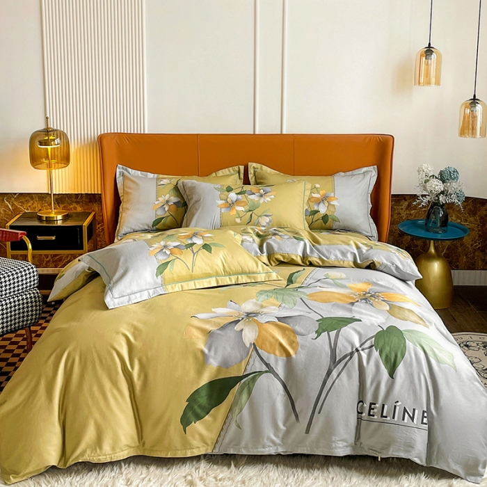 91家纺网 家纺一手货源 找家纺 金爱家 2023新款大版13372全棉花卉系列四件套 夏薇儿黄