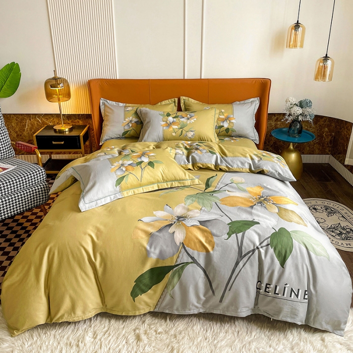 91家纺网 家纺一手货源 找家纺 金爱家 2023新款大版13372全棉花卉系列四件套 夏薇儿黄