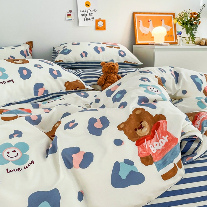 91家纺网 家纺一手货源 找家纺 安哆啦 2022春夏新款13372全棉四件套 豹纹熊