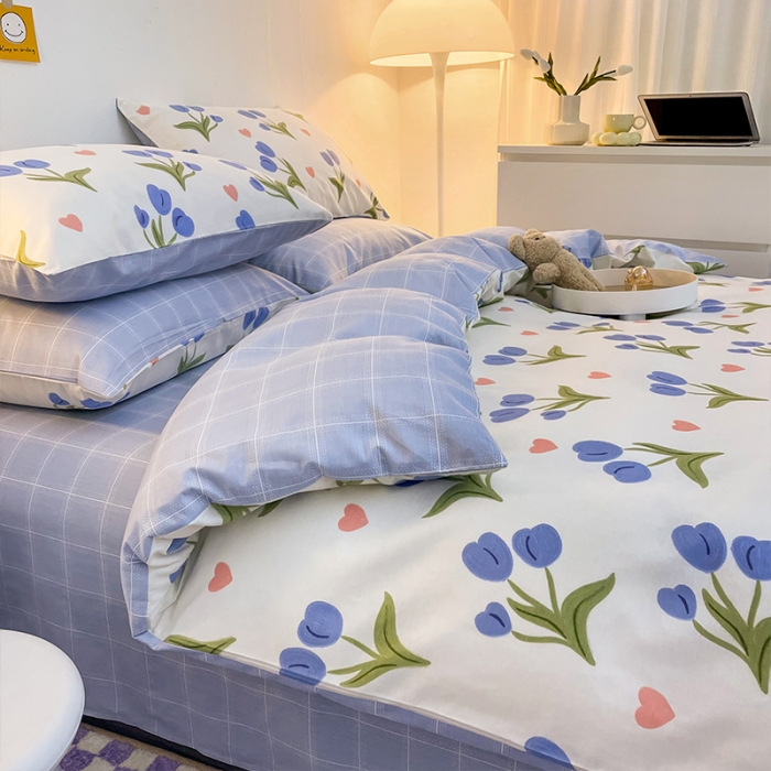 91家纺网 家纺一手货源 找家纺 安哆啦 2022春夏新款13372全棉四件套 蓝色郁金香