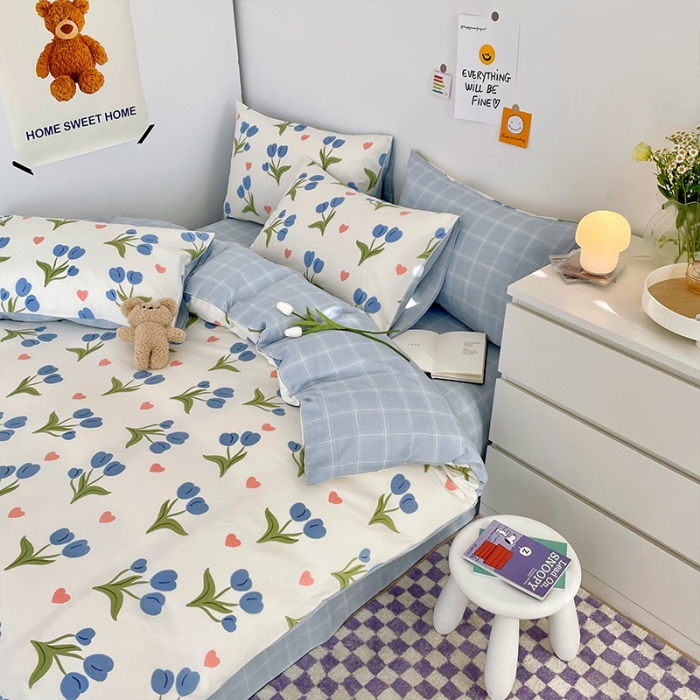 91家纺网 家纺一手货源 找家纺 安哆啦 2022春夏新款13372全棉四件套 蓝色郁金香