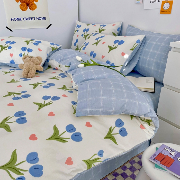 91家纺网 家纺一手货源 找家纺 安哆啦 2022春夏新款13372全棉四件套 蓝色郁金香