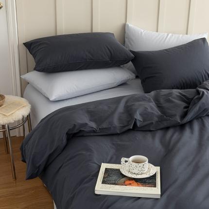 北欧风ins纯棉水洗棉床四件套全棉简约被套床单上三件套床笠 藏青-浅蓝