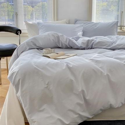 北欧风ins纯棉水洗棉床四件套全棉简约被套床单上三件套床笠 浅蓝+白