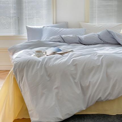 北欧风ins纯棉水洗棉床四件套全棉简约被套床单上三件套床笠 浅蓝+鹅黄