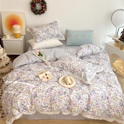 91家纺网 家纺一手货源 找家纺 昔可家纺 2022新款全棉仙仙蕾丝碎花四件套 醉梨花紫