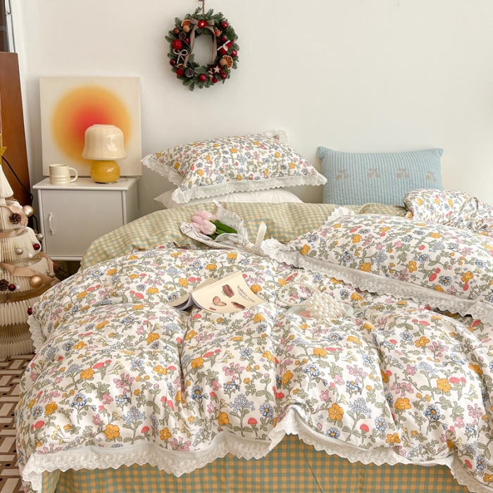 91家纺网 家纺一手货源 找家纺 昔可家纺 2022新款全棉仙仙蕾丝碎花四件套 花开半夏