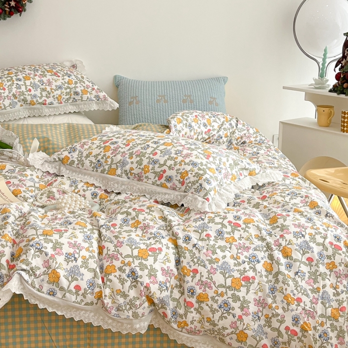 91家纺网 家纺一手货源 找家纺 昔可家纺 2022新款全棉仙仙蕾丝碎花四件套 花开半夏