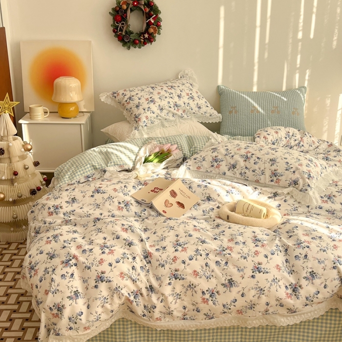 91家纺网 家纺一手货源 找家纺 昔可家纺 2022新款全棉仙仙蕾丝碎花四件套 缇香