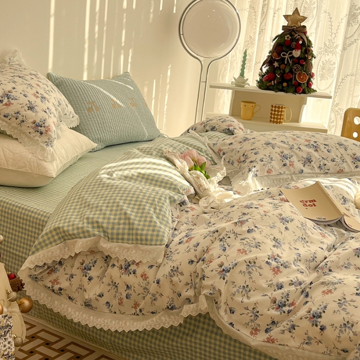 91家纺网 家纺一手货源 找家纺 昔可家纺 2022新款全棉仙仙蕾丝碎花四件套 缇香