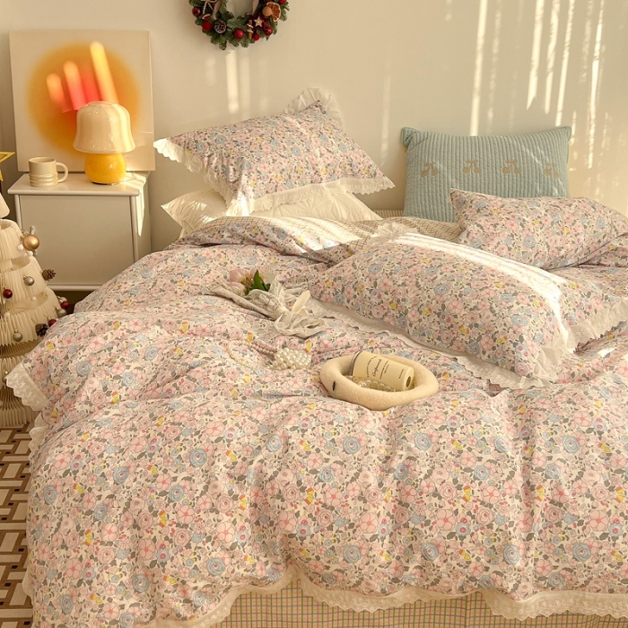 91家纺网 家纺一手货源 找家纺 昔可家纺 2022新款全棉仙仙蕾丝碎花四件套 微甜玛奇朵