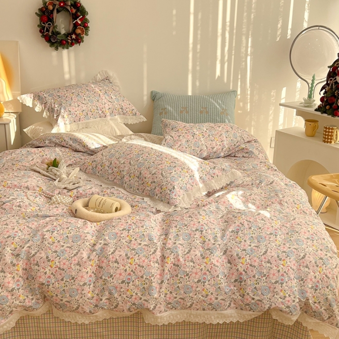 91家纺网 家纺一手货源 找家纺 昔可家纺 2022新款全棉仙仙蕾丝碎花四件套 微甜玛奇朵