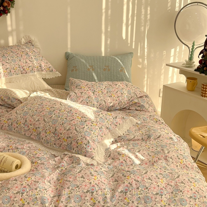 91家纺网 家纺一手货源 找家纺 昔可家纺 2022新款全棉仙仙蕾丝碎花四件套 微甜玛奇朵