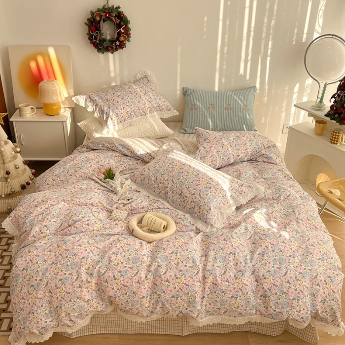 91家纺网 家纺一手货源 找家纺 昔可家纺 2022新款全棉仙仙蕾丝碎花四件套 微甜玛奇朵