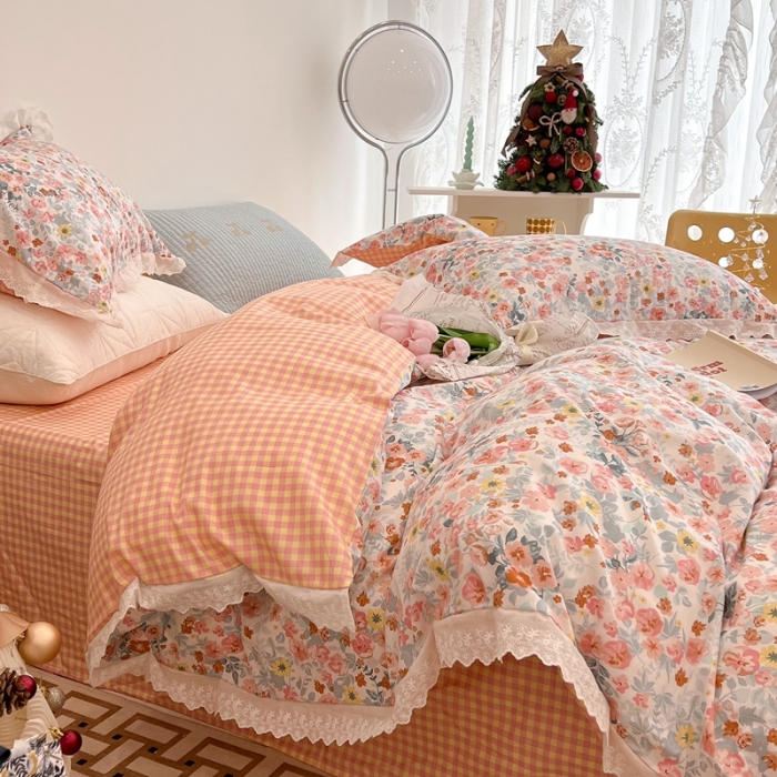 91家纺网 家纺一手货源 找家纺 昔可家纺 2022新款全棉仙仙蕾丝碎花四件套 醉梨花橙